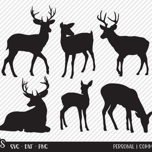 May include: Five black silhouette images of deer. The deer are in various poses, including standing, walking, and lying down. The images are simple and elegant, and would be perfect for use in a variety of projects.