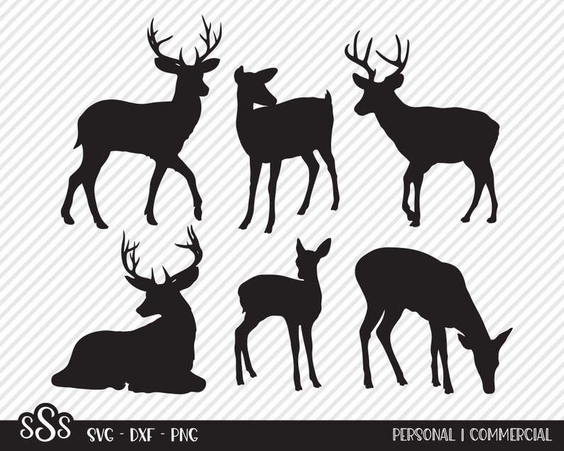 May include: Five black silhouette images of deer. The deer are in various poses, including standing, walking, and lying down. The images are simple and elegant, and would be perfect for use in a variety of projects.