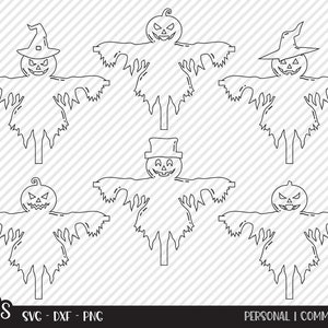 Puede incluir: Cinco ilustraciones en blanco y negro de siluetas de espantapájaros con cabezas de calabaza que llevan sombreros. Los espantapájaros tienen brazos y piernas largos y desgarrados.