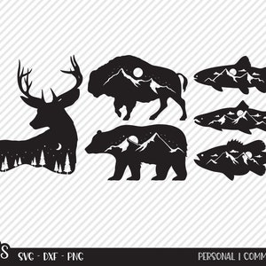 Escenas de montaña de vida silvestre SVG, Archivo cortado, Diseño de camisa al aire libre, Bisonte, Oso, Ciervo, Pesca, Decoración de Lake House, Cricut, Silueta, DXF, PNG