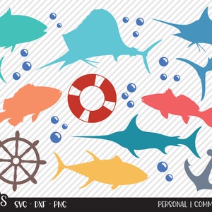 May include: A set of 10 colorful SVG cut files featuring nautical themes. The set includes a life preserver, an anchor, a ship's wheel, and various fish silhouettes. The text "PERSONAL | COMMERCIAL" is included in the image.