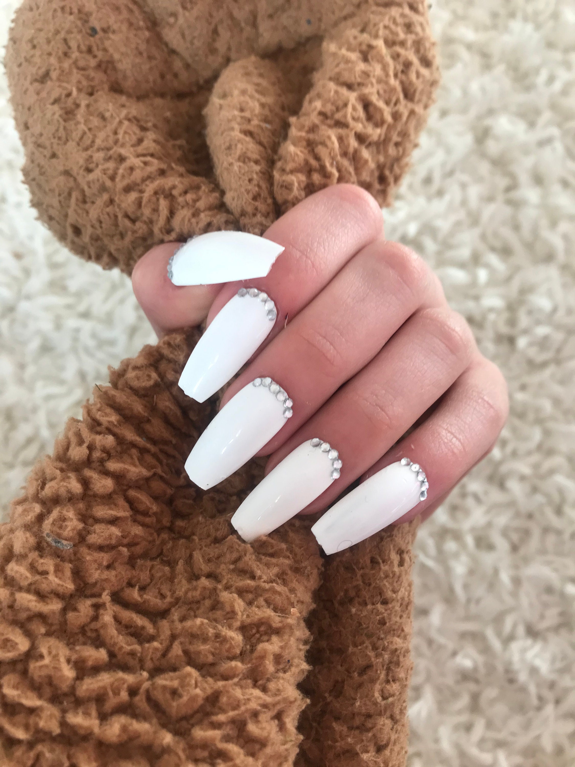 White Nails With Stones Etsy