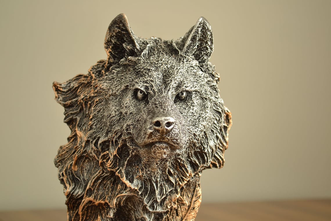 Wolf Figurine Statue Home Decor Dark Grey And Gold Color Etsy