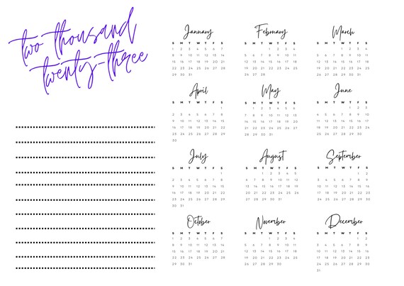 2023 yearly calendar with notes section, instant download, purple,  printable, home, diy - etsy