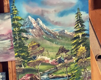 Óleo, pintura, estilo Bob Ross, paisaje, árboles felices