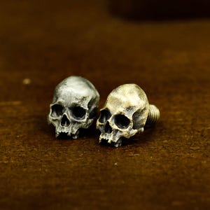 May include: Two small, detailed skull-shaped metal fasteners with threaded screw backs. One skull has a cool, silver-toned finish, while the other features a warmer, brass-toned metallic patina, both showing realistic anatomical features.