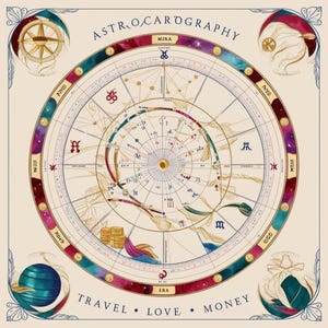 May include: A vintage-style astrological chart with a circular design. The chart is divided into 12 sections, each representing a different zodiac sign. The chart is surrounded by a border with the words "ASTRO CAROGRAPHY" and "MIRA" at the top. The chart also includes the words "TRAVEL", "LOVE", and "MONEY" at the bottom.