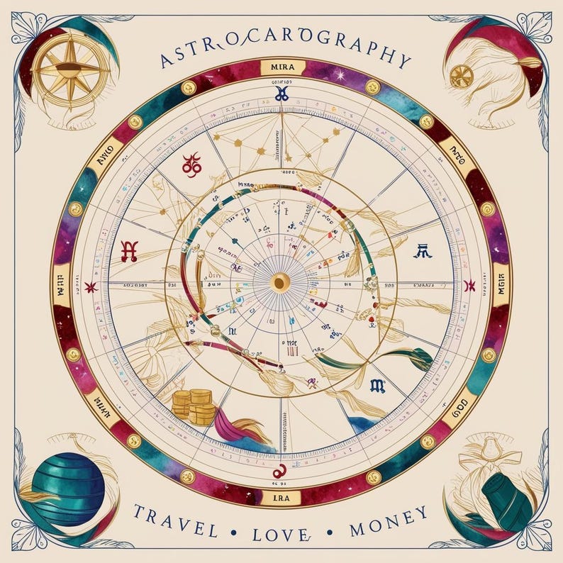 May include: A vintage-style astrological chart with a circular design. The chart is divided into 12 sections, each representing a different zodiac sign. The chart is surrounded by a border with the words "ASTRO CAROGRAPHY" and "MIRA" at the top. The chart also includes the words "TRAVEL", "LOVE", and "MONEY" at the bottom.