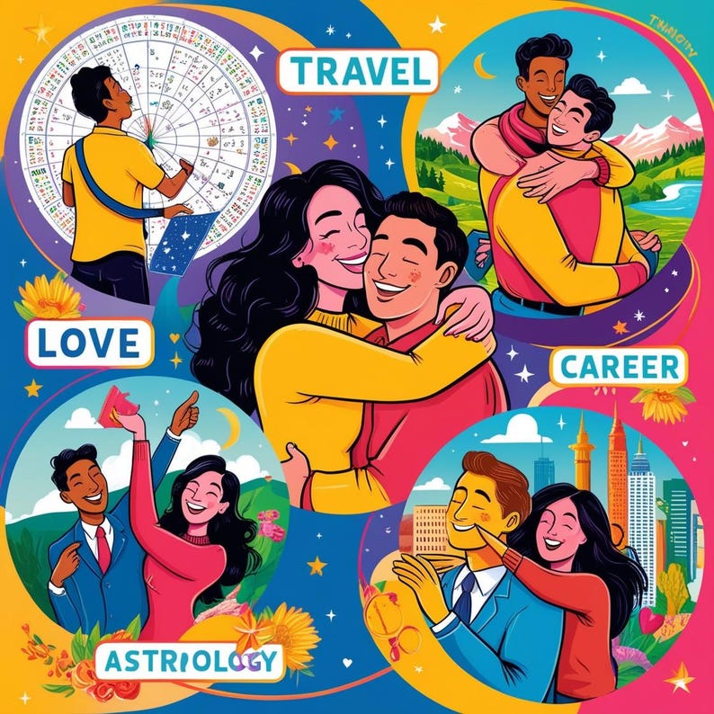 May include: A colorful illustration depicting different aspects of life, including love, career, travel, and astrology. The illustration features couples in various poses, a cityscape, a travel scene, and a zodiac wheel.