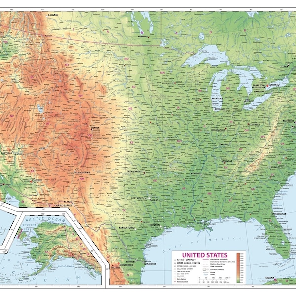 Physical Map of the United States (Meters) (Adobe Illustrator, PDF): Vector, Printable, Scalable, Editable, Layered