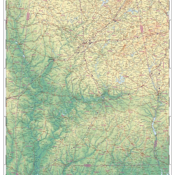 Physical Map of Alabama (feet) (Adobe Illustrator, PDF): Vector, Printable, Scalable, Editable, Layered