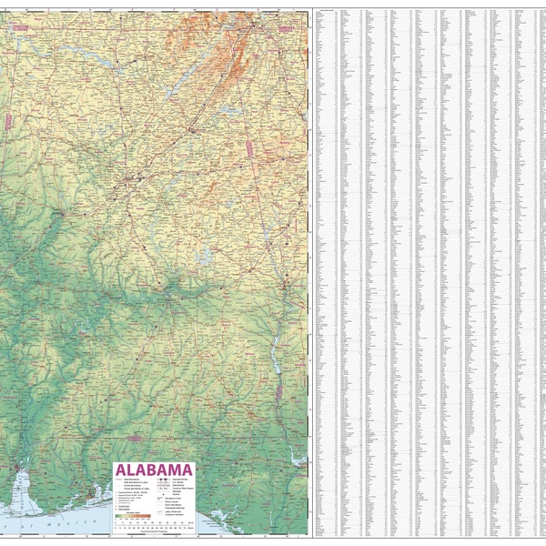 Physical Map of Alabama (feet) with Location Key (Adobe Illustrator, PDF): Vector, Printable, Scalable, Editable, Layered