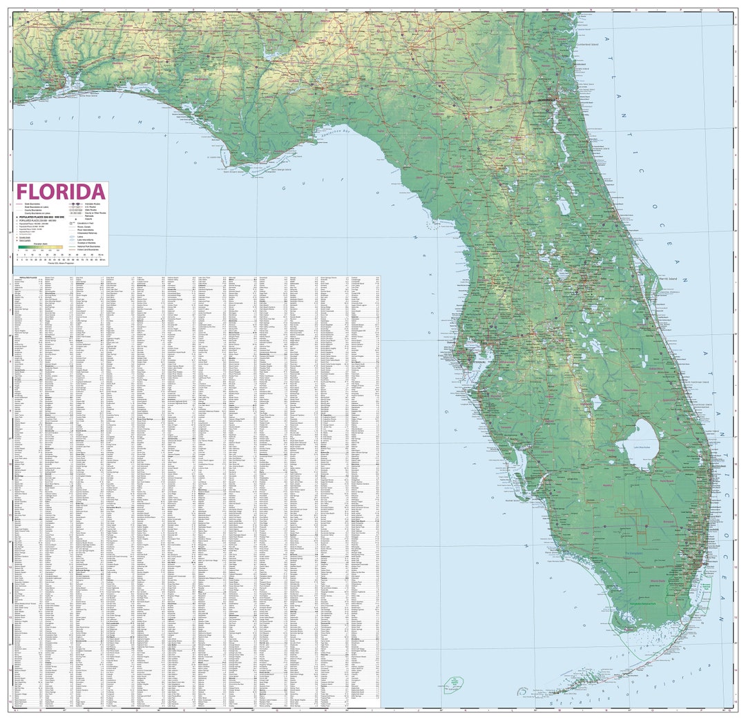 Physical Map of Florida feet adobe Illustrator, PDF Vector, Printable