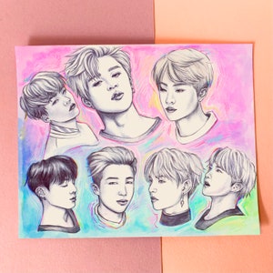 BTS Colorful Ot7 Fanart Postal, Impresión, RM, J-Hope, Jimin, V, Jk, Suga, Jin, Dibujo, K-Pop, Regalo, ARMY, Mini Art Print, Photocard