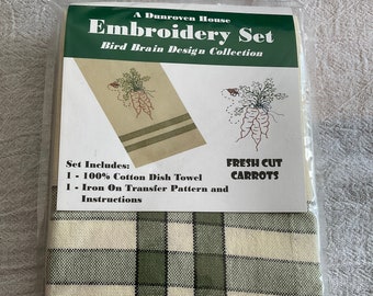 New Dunroven House Embroidery Set Fresh Cut Carrots Green Plaid Dishcloth Iron on Transfer Instructions Kit