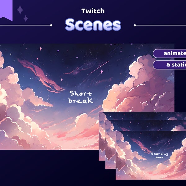 Animierte Twitch-Szene Sternennacht | Gemütlicher Sternen Pausenschirm | Hintergrund | Twitch Overlay Sonnenaufgang Himmel | Niedliche Vtuber Wolke