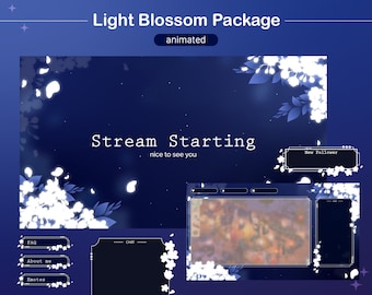 May include: Animated Twitch stream overlay with a blue background and white blossoms. The overlay includes sections for chat, new followers, emotes, about me, and FAQ. The text "Stream Starting" is displayed in the center of the overlay.