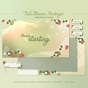 May include: A green and white animated stream overlay package with a butterfly and flower theme. The overlay includes a 'Stream Starting' banner, a 'New Follower' alert, a 'Thank You' alert, and panels for 'About Me', 'Donate', and 'Rules'.