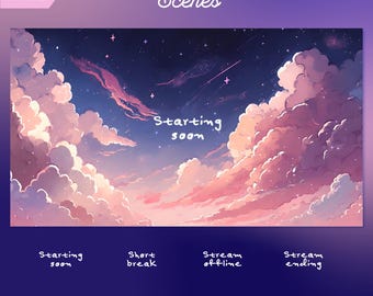 Escena animada de Twitch Noche estrellada / Pantalla de intermedio con estrellas acogedoras / Fondo de transmisión / Superposición de Twitch Cielo del amanecer / Lindo paquete de Vtuber Nube