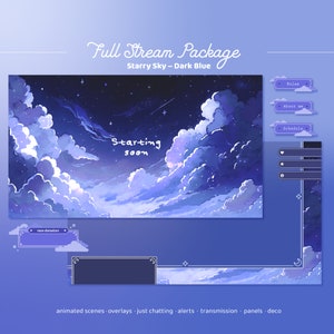 Sobreposição animada do Twitch Noite estrelada Azul escuro | pacote de transmissão de estrelas cósmicas | plano de fundo animado celestial | sobreposição do vtuber Céu noturno