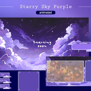Animerad Twitch-överlägg Stjärnklar natt Lila | strömningspaket för kosmiska stjärnor | animerad bakgrund för himmelsk bakgrund | vtuber-överlägg för natthimlen