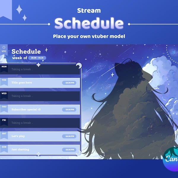 Vtuber Stream Template Hellblau | Gemütlicher Nachthimmel | Pastell Bonbonwolken | Sternenklare Nacht | Wochenplaner | Canva Vorlage