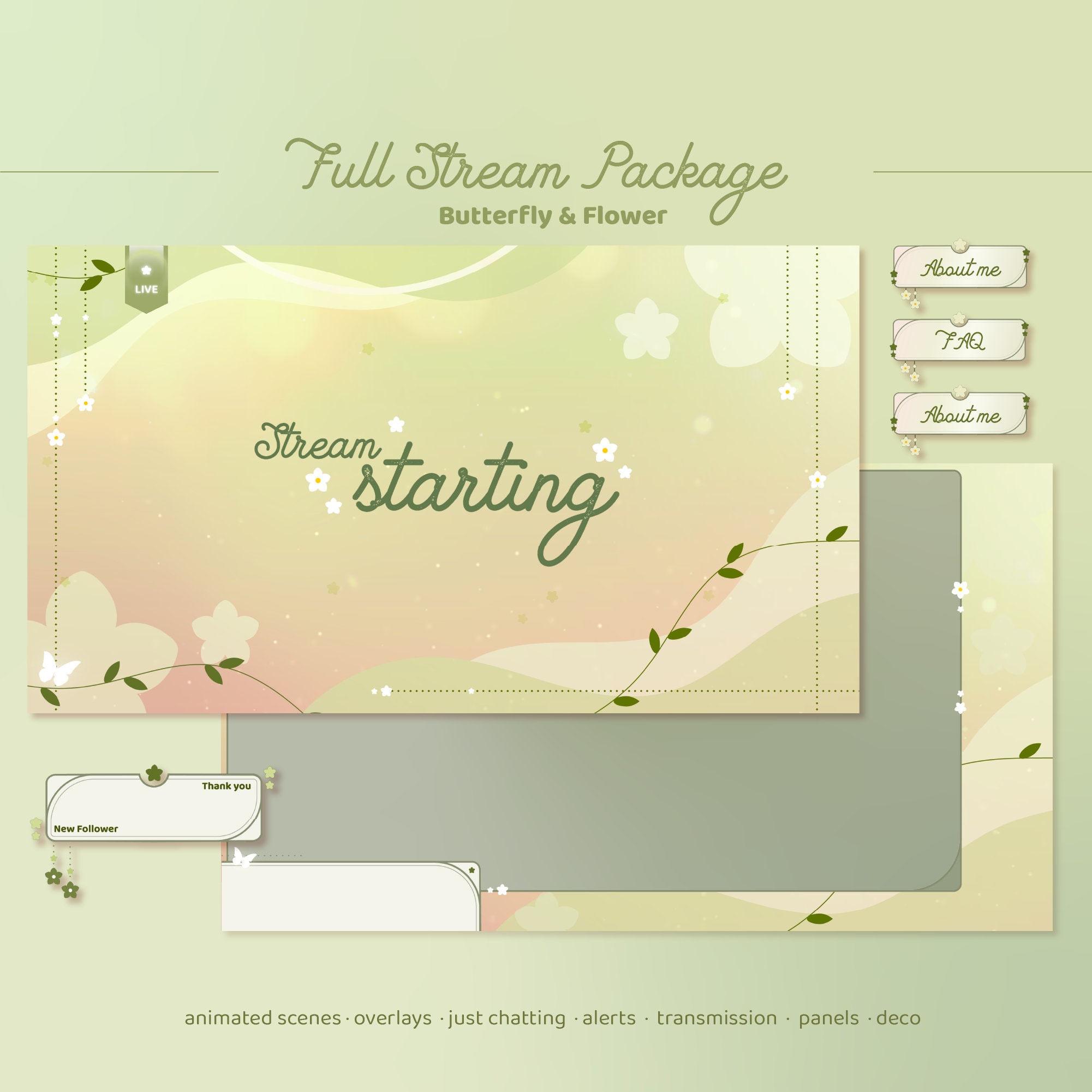 Animierte Vtuber Overlay Schmetterling Blume Rosa Grün | Natur Blütenbach Paket | Weicher Pastell Animierter Hintergrund | Süßes Twitch Overlay