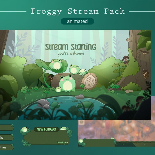 Cute Frog Overlay | Animated Stream Overlay | Vtuber Twitch Package | Soft Cottagecore Overlay | Kawaii Froggy | Vtuber Background green