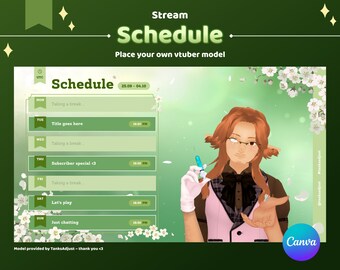 以下が含まれることがあります： 緑と白のスケジュールテンプレートで、オレンジ色の髪と眼鏡をした人の漫画イラストが描かれています。スケジュールはストリーマー用で、曜日、時間、活動が含まれています。テンプレートの上部には「Stream Schedule」というテキストがあります。