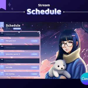 Plantilla de programación de transmisión de Vtuber / Cielo acogedor / Nubes de caramelo pastel / Noche estrellada / programación semanal / plantilla canva