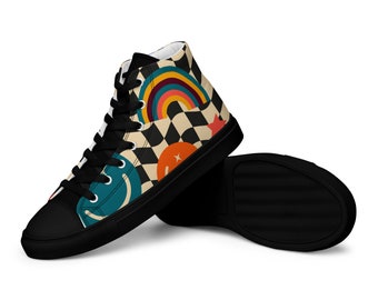 Chaussures montantes pour femme, Chaussures de sport montantes pour femme, Baskets classiques, Chaussures montantes personnalisées, Chaussures en toile multicolore, Baskets à carreaux personnalisées
