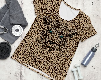 Leopard Print Shirt, Kurzarm T-Shirt für Frauen, Leopard Shirts für Frauen, Crewneck Frauen Shirt, All-Over Print Frauen Sport T-Shirt