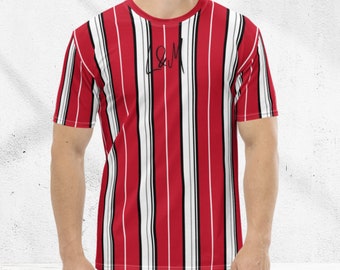 Striped Shirt for Men, All-over Print Men T-shirt, Striped T-shirt for Men, Men's Striped T-shirt, Red T-shirt with White Stripes