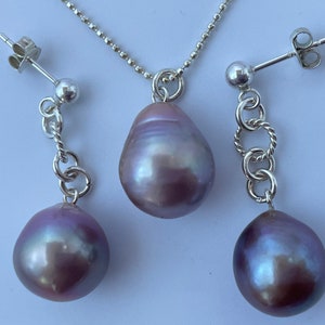 Freshwater Cultured Lilac Pearl Pendant and Earrings Set, Bridal Jewelry, Genuine Freshwater Pearls, 30th 3rd Anniversary, June Birthstone