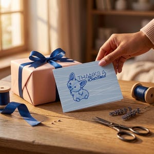 Tarjeta de agradecimiento bordada con diseño de Corgi: un divertido juego de palabras con perros para amantes de los perros.