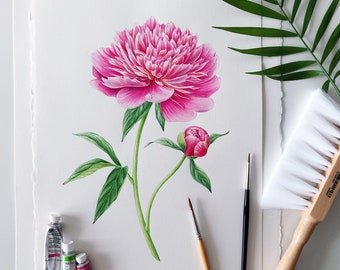 ORIGINAL ART - Pink Peony, Botanical Art, Artwork, Pink Flower, Handmade art watercolour, Botanical illustration, Home decor, wall art