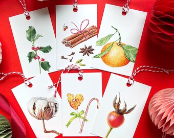 6 Christmas Gift Tags - Handmade Botanical labels, Holly Cinnamon Gift Tag, Birthday gift, Wrapping Label, Stationery, Wedding Gift tag