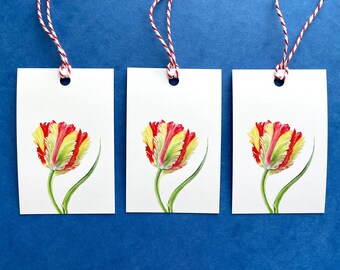 Parrot Tulip gift tags. Set of 3 Floral Tags, Handmade Botanical labels, Birthday gift, Wrapping Label, Stationery, Wedding Gift Tag