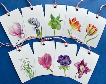 Juego de 9 etiquetas de regalo: etiquetas florales, etiquetas botánicas hechas a mano, etiquetas de regalo florales, regalo de cumpleaños, etiquetas de envoltura, papelería, etiquetas de regalo de boda