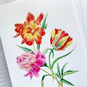 Peonia i tulipany, ręcznie robiona pocztówka, kartki okolicznościowe, pocztówka, kartka urodzinowa, prezent urodzinowy, botaniczna sztuka akwarelowa ilustracja malarstwo