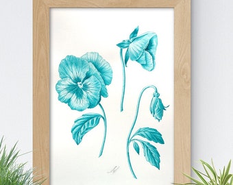 Pansies Flowers Watercolour - ORIGINAL ART, Watercolour Painting, Home decor, Monochrome, Handmade Botanical Painting, Realistic