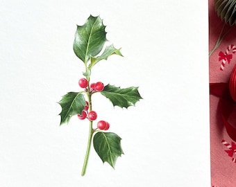 Holly Illustration - Botanical Art, Christmas gifts, Original Painting, Home decor, Wall decor, Christmas decorations