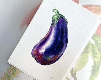 Eggplant - Handmade Botanical Card, Botanical Illustration, Veg Painting, Fine Art, vegetables, greeting cards, wall decor, birthday gift