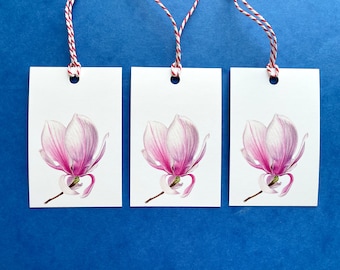 Magnolia gift tags. Set of 3 Floral Tags, Handmade Botanical labels, Birthday gift, Wrapping Label, Stationery, Wedding Gift Tag