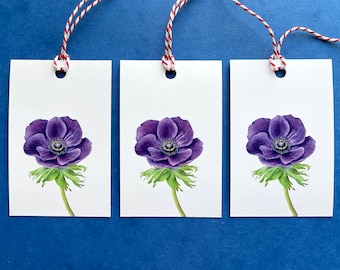 Etiquetas de regalo de anémona. Juego de 3 etiquetas florales, etiquetas botánicas hechas a mano, regalo de cumpleaños, etiqueta de regalo, papelería, etiqueta de regalo de boda.