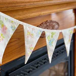 Celebration bunting - white vintage floral sheet w pink & blue. Mother&#39;s Day, Spring, yard, Easter, birthday, wedding, baby shower, nursery