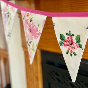 Mantle-length bunting with embroidery and vintage sheets. Mother&#39;s Day, Spring, yard, Easter, birthday, wedding, baby shower, nursery