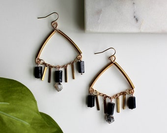 Edgy Metal Chandelier Earrings | Black Glamour Earrings | Bohemian Glam Large Gold and Black Geometric Statement Earrings | Art Deco