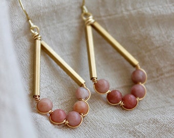 Pink Lepidolite Gemstone Earrings | Gold Diamond Flower Petal Earrings | Small Wire Wrapped Petal Dangle and Drop Earrings | Gift for friend