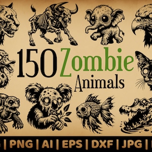 150 Zombie Animal Bundle / Grafica vettoriale per uso commerciale / Formati Svg, Png, Dxf, Eps, Pdf, Ai, Jpg / Sublimazione, incisione laser, logo